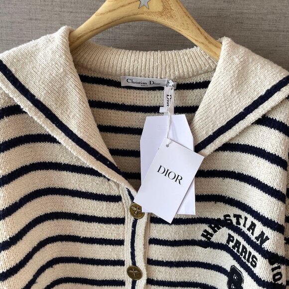 Dior Marinière Cardigan with Sailor Collar White and Navy Blue Cotton Knit - Picture 5 of 9